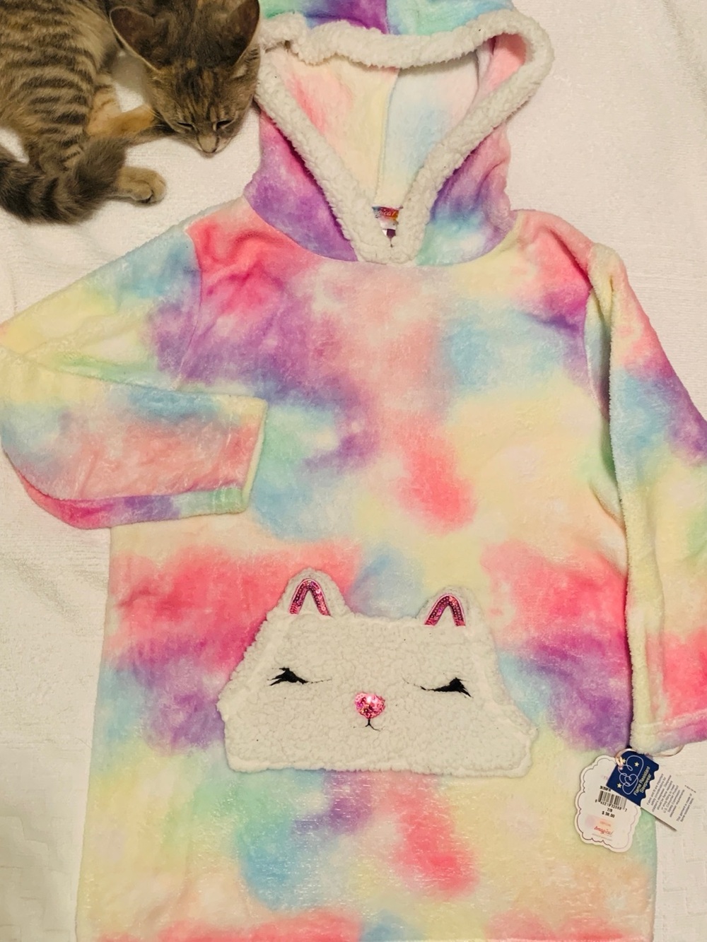 Pastel Rainbow Tie-Dye Plush Hooded Robe with Kitty Pocket